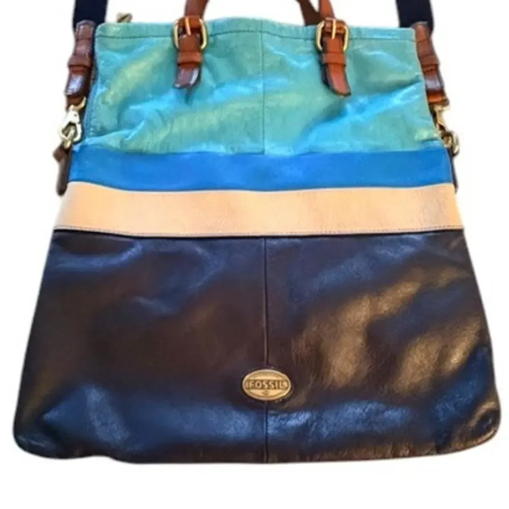 Fossil Leather Crossbody Tote Blue Brown Colorblock Convertible Bag 14